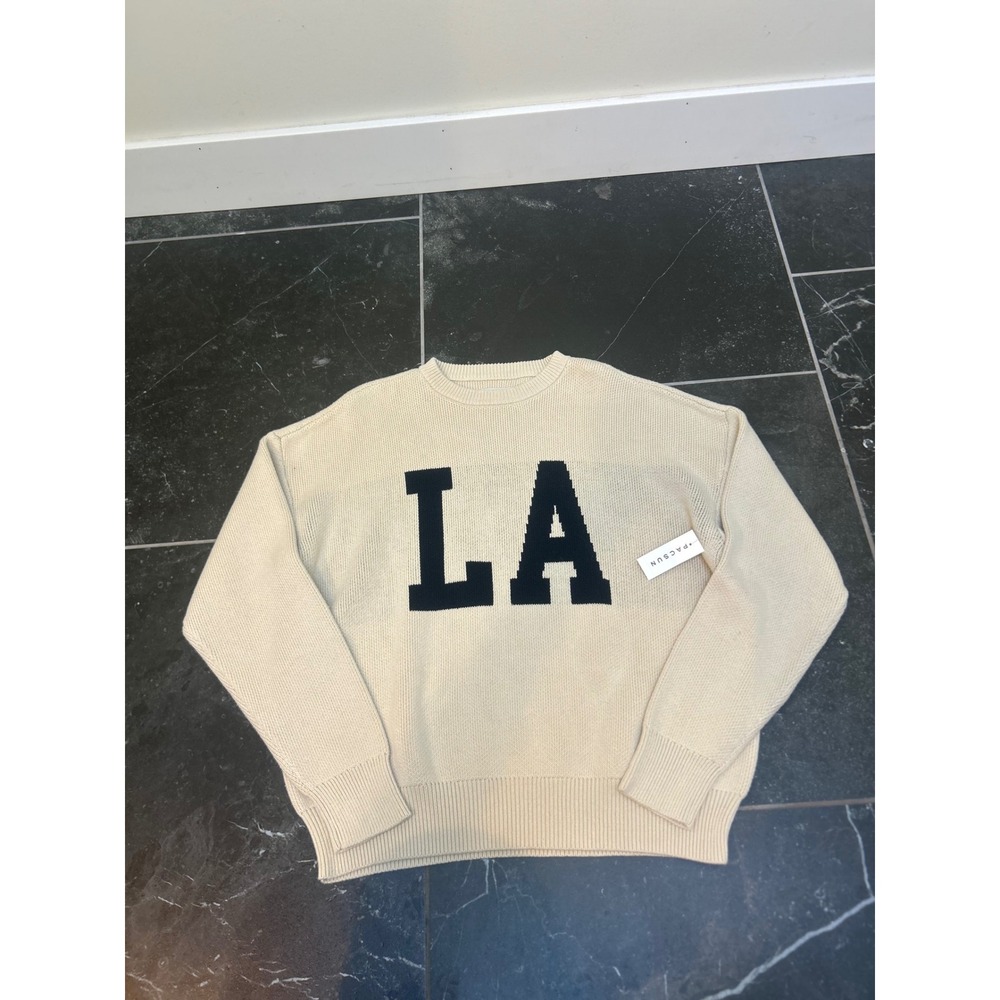 PacSun LA Intarsia Crew Neck Sweater Cream Black Graphic Knit Pullover Medium